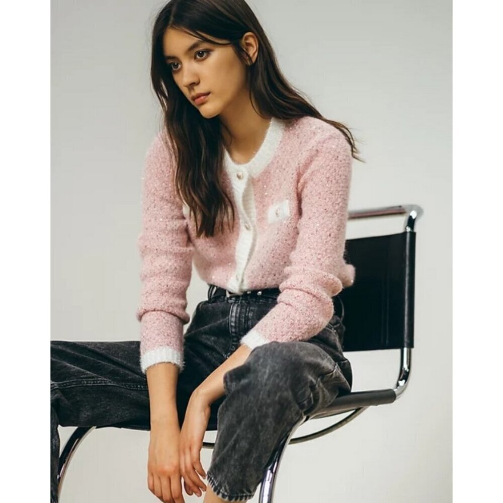 Maje Mission Sequin Embellished Stretch Knit Cardigan ~ Pale Pink